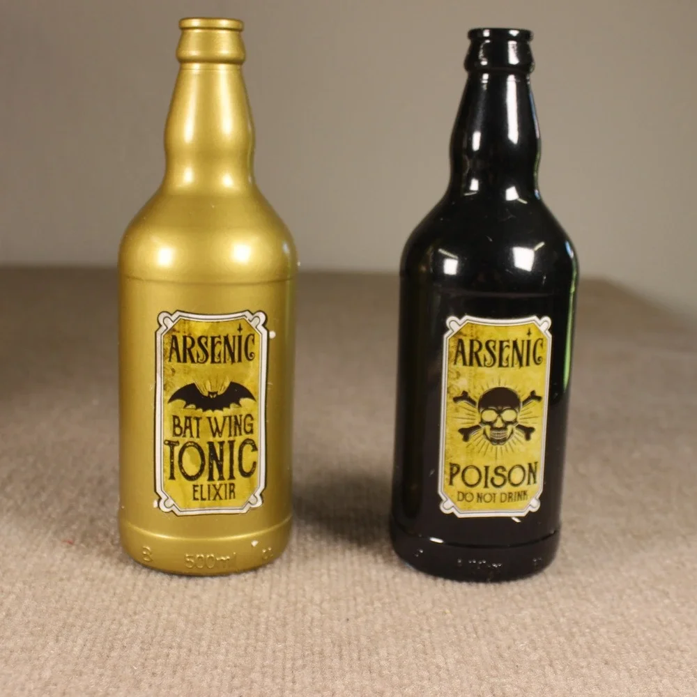Halloween Apothecary Fake Bottles Set Bat Wing Gold Black 9in. Made of Glass